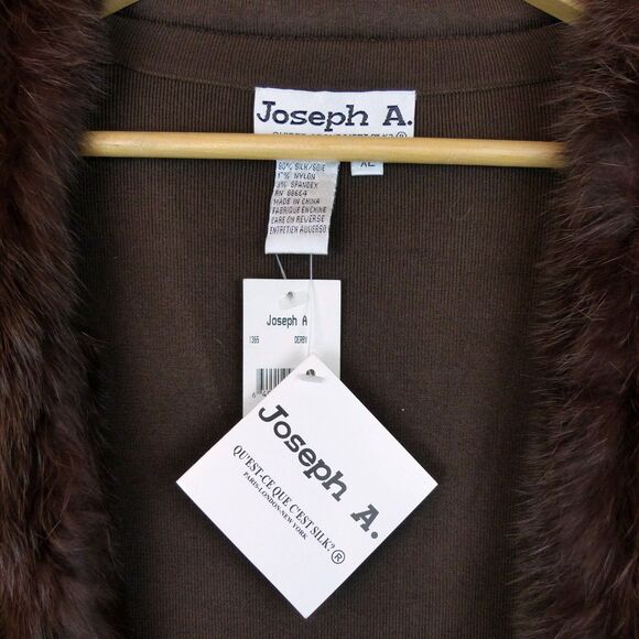 VTG Joseph A. Cardigan Women XL Brown Silk Blend Faux Fur Trim Crop Sweater Y2K - Picture 12 of 13